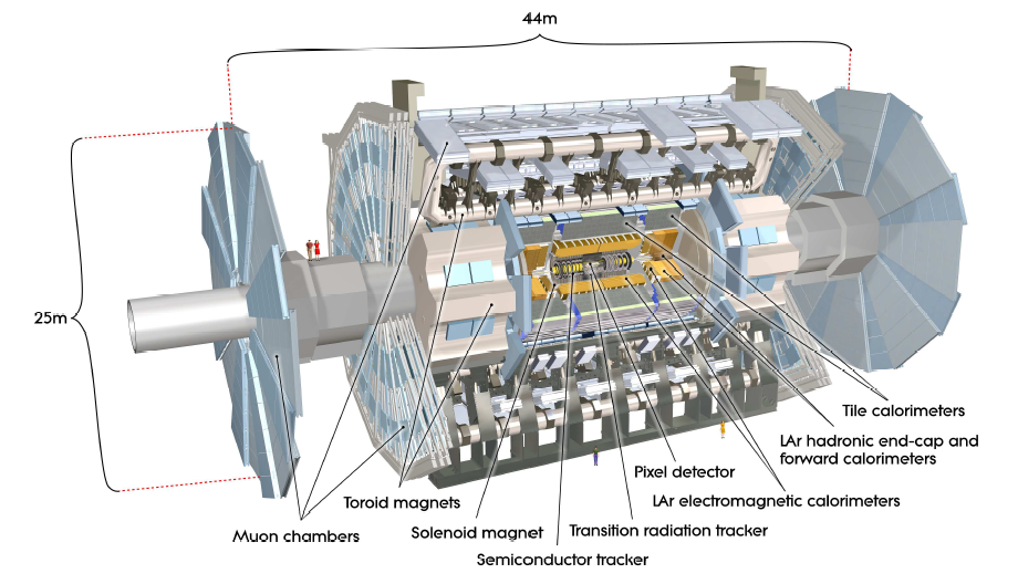 Figura 1.4: Veduta schematica di ATLAS. Sono indicati i componenti principali del rivelatore. circa 7000 tonnellate.
