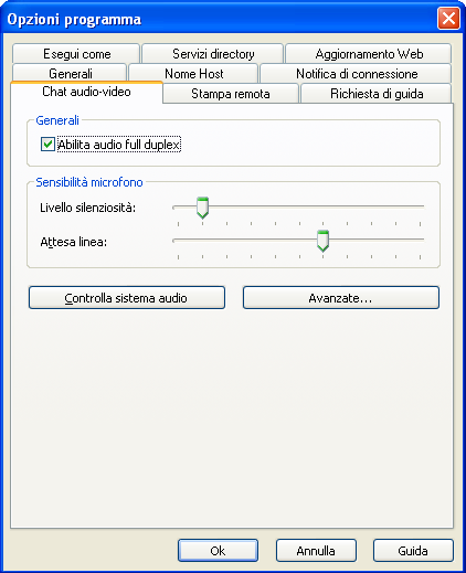 NetOp Host 4.3.1.4 Scheda Chat audio-video Questa è la scheda Chat audio-video della finestra Opzioni programma dell'host: In essa vengono specificate le impostazioni audio e video.