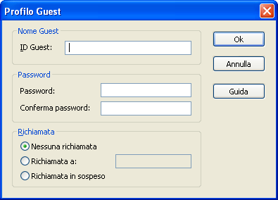 NetOp Host Selezionare un elemento del profilo Guest per visualizzare la sezione Password e la sezione Richiamata sulla destra.