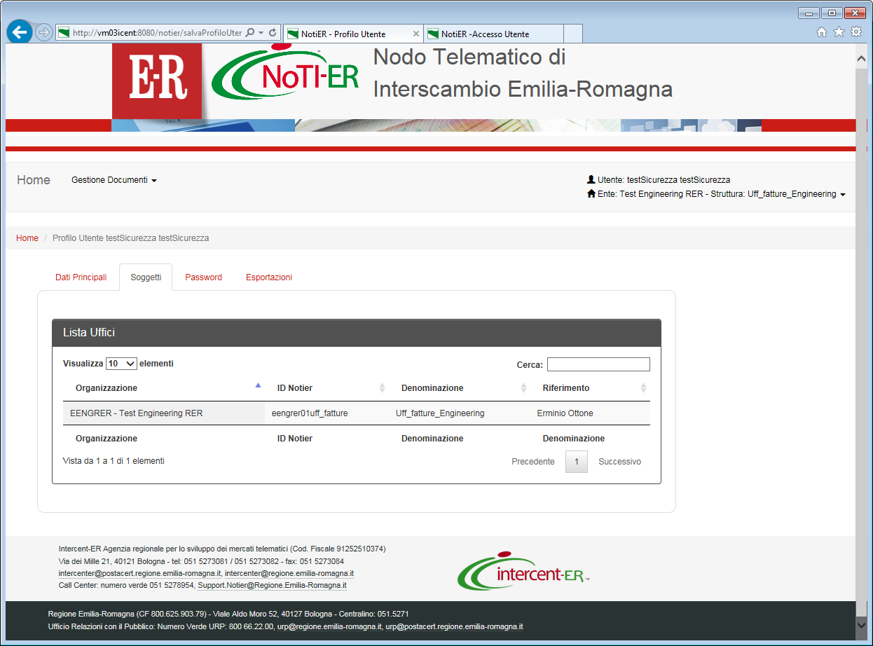 Figura 43 - Profilo Utente Soggetti Associati La Tabella è organizzata come segue Figura 44 - Profilo Utente Tabella Soggetti Associati Campo Ordinabile Contenuto Organizzazione SI ID e Denominazione