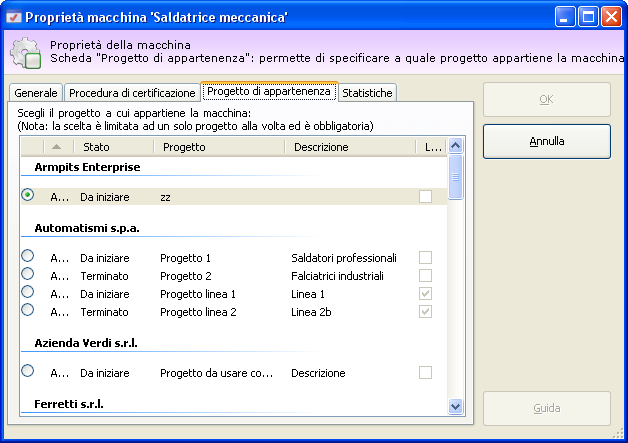 110 CEM4 6.3.2.3 - Scheda "Progetto di appartenenza" Questa scheda presenta un elenco di progetti in stato abilitato ai quali è possibile assegnare la macchina (vedi figura).