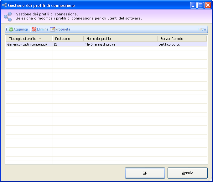 240 CEM4 Finestra di gestione dei profili File Sharing Nella parte superiore sono presenti i seguenti controlli: Aggiungi: inserisce un nuovo profilo di connessione.