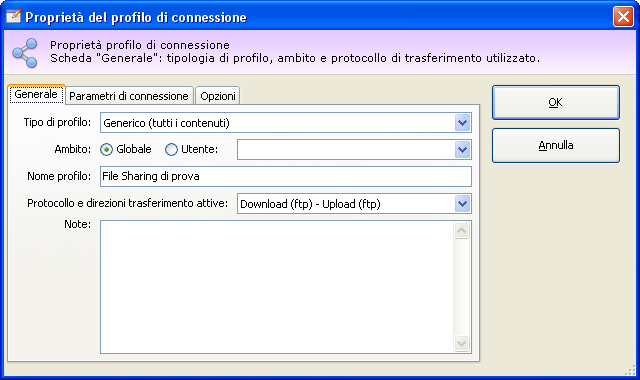 242 CEM4 7.9.2.1 - Scheda "Generale" La scheda "Generale" della finestra di proprietà del profilo di connessione si presenta come in figura: Proprietà del profilo di connessione.