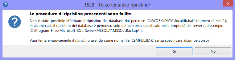 268 CEM4 Se una procedura di ripristino precedente era stata interrotta prima del tempo, il database potrebbe essere corrotto oppure trovarsi in stato "Offline" o "In ripristino".