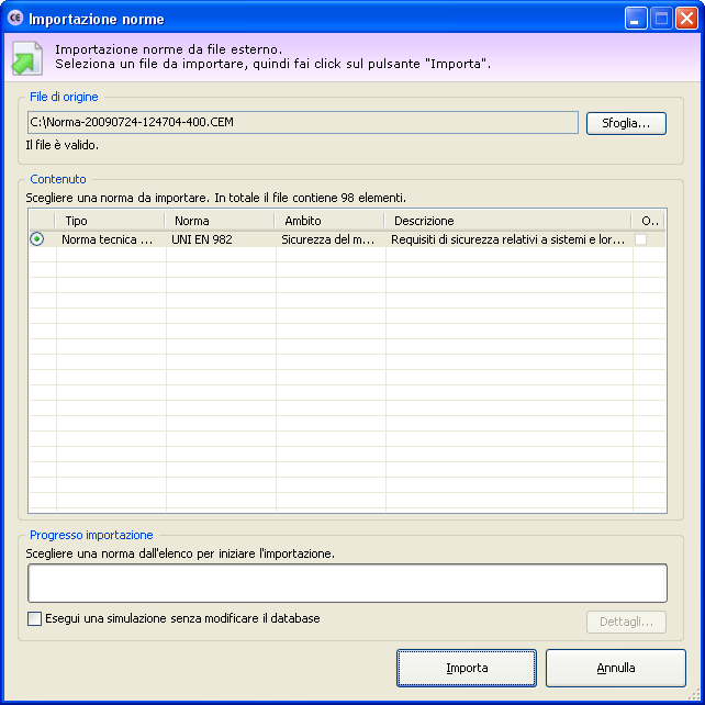 278 CEM4 Finestra di importazione norme Sono disponibili i seguenti controlli: File di origine: fai click sul pulsante Sfoglia... per scegliere il percorso e il nome del file di importazione.