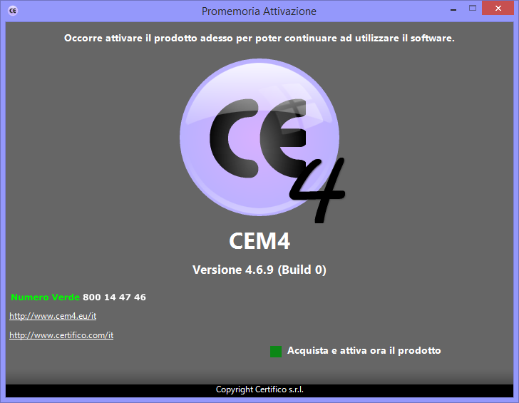 36 CEM4 Avviso per l'attivazione obbligatoria del software Fai click su Acquista e attiva ora il prodotto oppure sui link per andare ai siti ufficiali ed acquistare una licenza del prodotto.