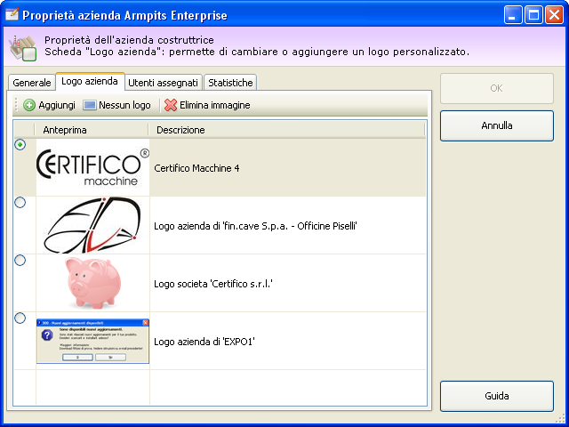 Funzioni base 89 Finestra di proprietà di un'azienda, scheda logo azienda Sono presenti i seguenti campi e controlli: Pulsante Aggiungi: apre una finestra di dialogo per la scelta di una nuova