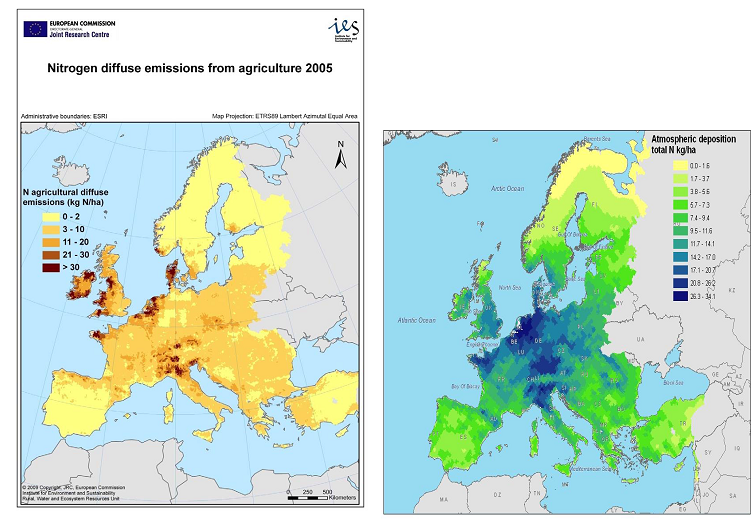 Stima delle deposizioni atmosferiche di azoto Fonte: JRC, : JRC, Long term nutrient loads entering European seas http://publications.jrc.ec.europa.