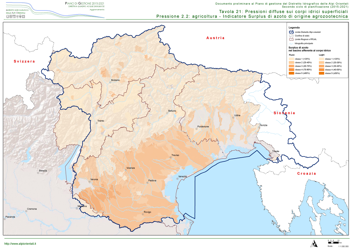 Surplus di azoto di origine zootecnica a livello comunale nel distretto idrografico delle Alpi Orientali. Fonte: aggiornamento piano di gestione (giugno 2014) http://www.alpiorientali.it/new/index.