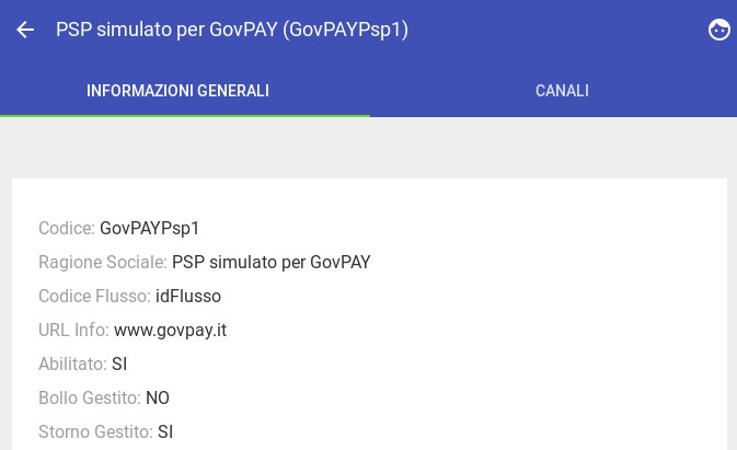 La prima scheda riporta le informazioni generali sul PSP (Figura 10).