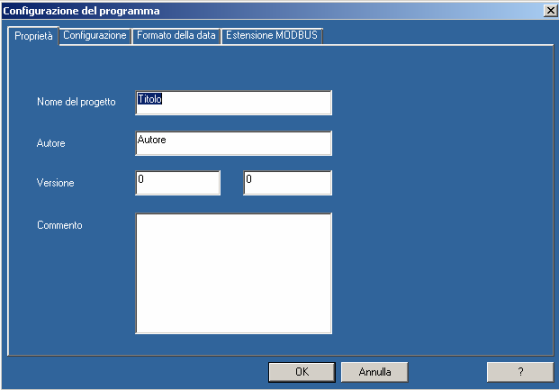 Presentazione del software Zelio Soft Creazione di un applicazione: configurazione programma Questo menu permette di configurare le Proprietà del