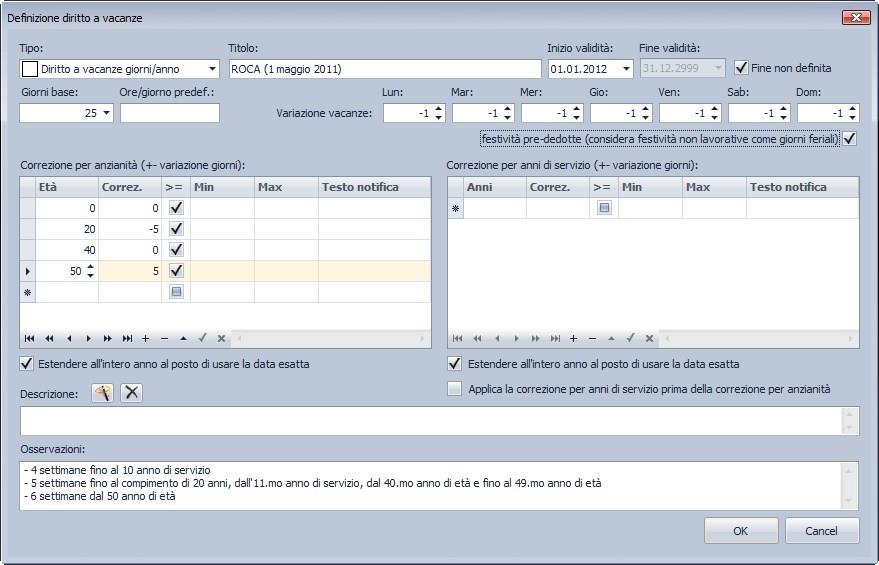 RisPlan consente un notevole grado di parametrizzazione, grazie a un grande numero di finestre di dialogo, che aiutano a definire il comportamento di ciascun contratto (o «modello di tempo dovuto»),