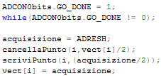 ADCON2 = 0b00010100 o Bit 7: giustificato a sinistra o Bit 6: letto come 0 o Bit 5-3: considera 4 Tad (tempo di acquisizione) o Bit 2 0: considera Fosc/4 (clock di conversione A/D) Dopo aver