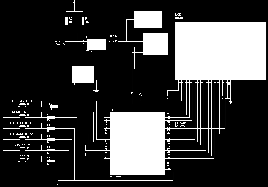 Figura 1: schema circuitale per il controllo dell LCD Il circuito simulato si compone di un microcontrollore PIC18F4620, di un LCD LM4229, di un sensore con output I 2 C e di un interfaccia di input