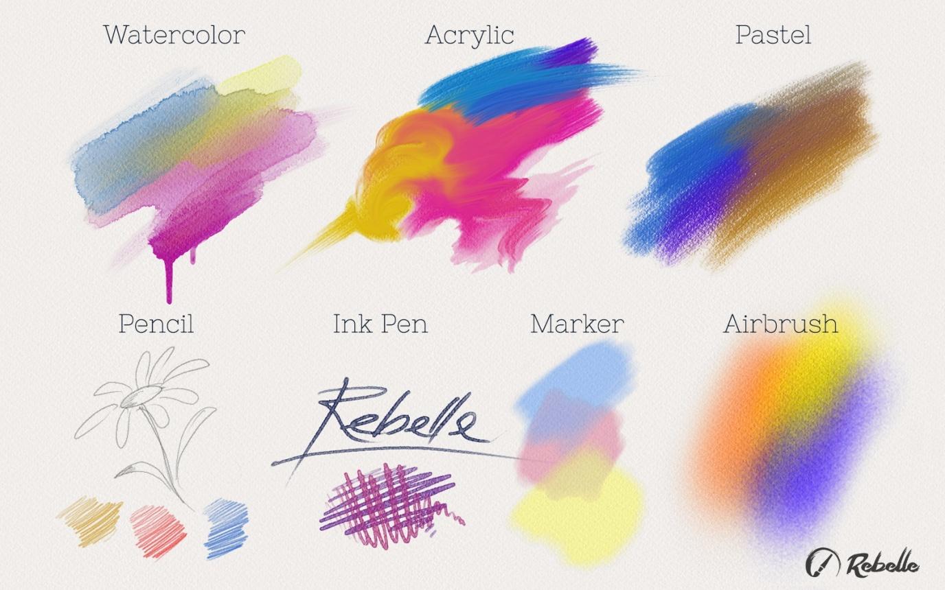 Tools Panel / Pannello Strumenti - Brushes / Pennelli: Watercolor - Acquerello, Acrylic - Acrilico, Pastel - Pastello, Pencil - Matita, Ink Pen - Penna inchiostro, Marker - Pennarello e Airbrush -