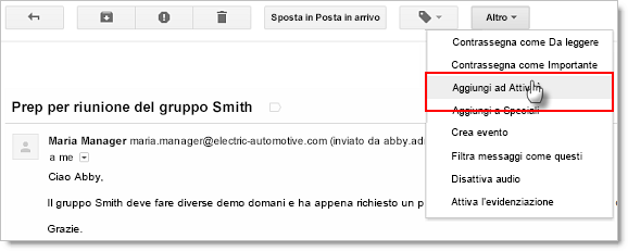 3 Rilascia il pulsante del mouse. Il messaggio si sposta dalla Posta in arrivo all'etichetta selezionata e diventa visibile quando selezioni l'etichetta.