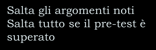 Navigazione: regole Unità X Riprova fino al successo Pre-test Tutorial Argomento 1 Argomento 2 Argomento 3 Usa il pre-test per determinare quali Argomenti suggerire all utente all interno del flusso