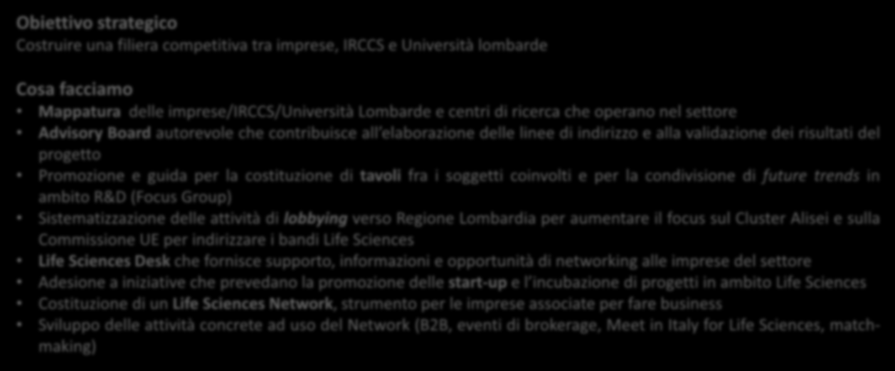 Piano strategico PROGETTO LIFE SCIENCES Obiettivo strategico Costruire una filiera competitiva tra imprese, IRCCS e Università lombarde Cosa facciamo Mappatura delle imprese/irccs/università Lombarde