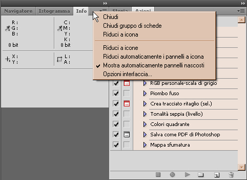 Pannelli principali I pannelli principali si possono nascondere o richiamare sull'area di lavoro cliccando sulle singole voci nel menù a tendina Finestra nella barra dell'applicazione (figura 7).