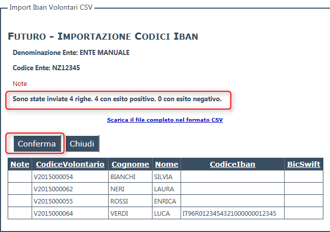 Nell'esempio riportato è stato caricato un file con 4 volontari per i quali solo ad uno è stato indicato il codice IBAN ma per questo volontario è stata riscontrata una anomalia evidenziata nel