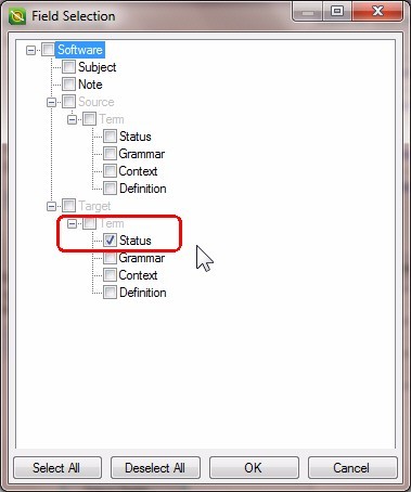 3. Si apre la finestra di dialogo Field Selection che elenca tutti i campi del termbase disponibili in una struttura ad albero.