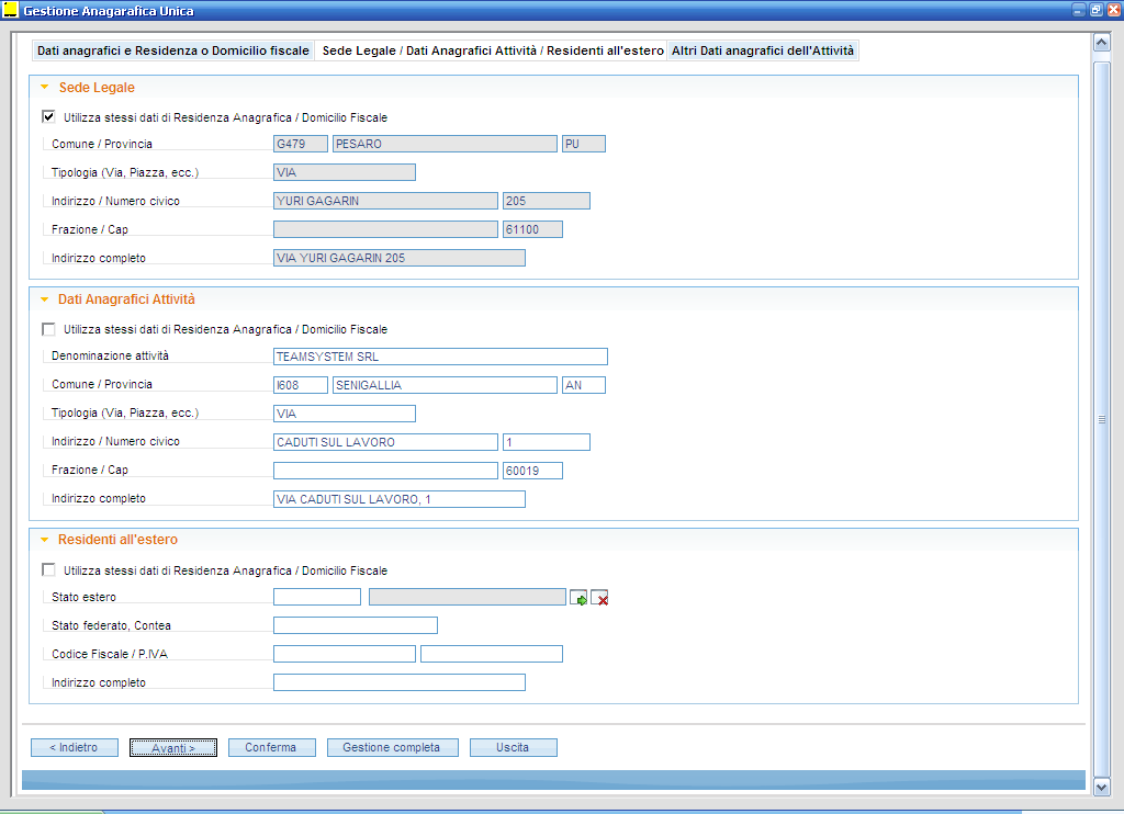 Integrazione da applicativo Paghe Gestione anagrafica «Sede