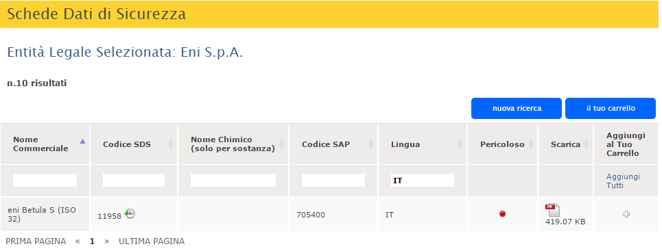 Portale Schede dati di Sicurezza - Manuale d Uso visualizzare il file pdf della SDS cliccando sull icona aggiungere al carrello le SDS di interesse di cui si vuole effettuare il download massivo