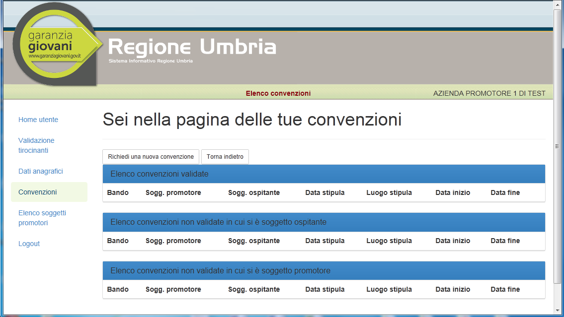 CONVENZIONI In questa pagina sono presenti tre distinte finestre che elencano durante il susseguirsi delle diverse fasi rispettivamente: - Le convenzioni validate; - Le convenzioni ancora non