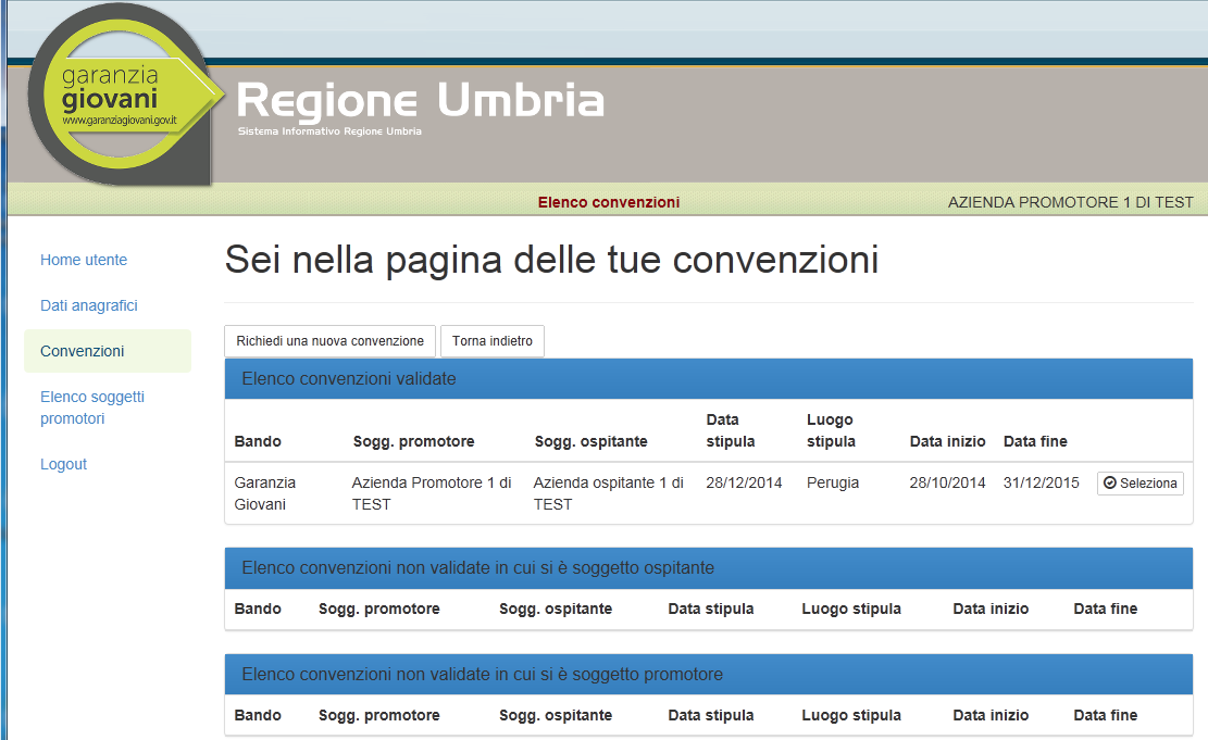 Una volta che una convenzione è stata validata sia dal Promotore che dall Ospitante si potrà accedere al dettaglio della medesima, premendo il pulsante Seleziona presente alla destra di ogni