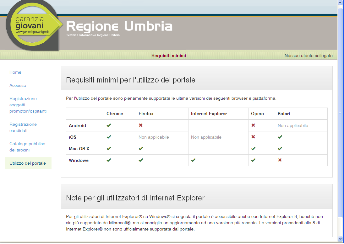 Utilizzo del portale Da tale pulsante si accede ad una maschera statica che riepiloga l elenco dei browser per le varie piattaforme supportate dal portale.