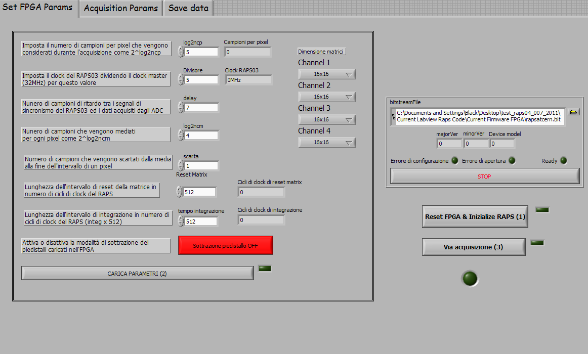 esempio le dimensioni della matrice, il tempo di integrazione, durata del tempo di reset della matrice ecc. Figura 34:Screenshot del Front Panel per la gestione dei sensori RAPS.