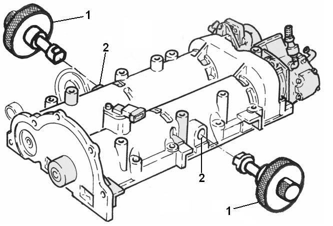 Motore 1.3 MJT Fig1 Figura 1 1. Foro sul volano 2. Attrezzo per al messa in fase dell albero motore Figura 2 1. Attrezzi per la messa in fase degli alberi a camme 2.