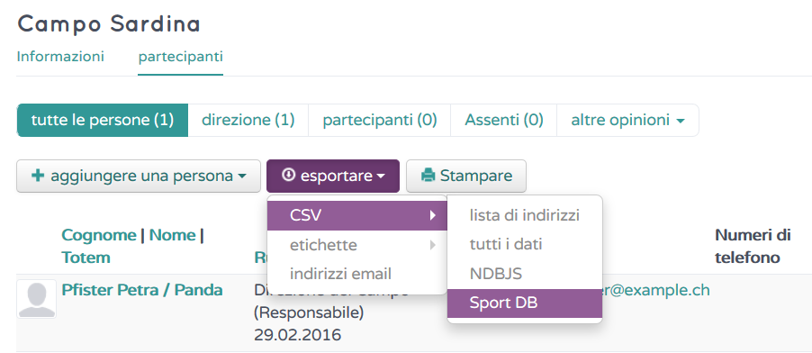 D. Programma dettagliato 4 Esportazione della lista dei partecipanti dalla MiData Se i partecipanti sono registrati nella MiData (cfr. p.41), la lista dei partecipanti può essere esportata dalla MiData come file csv per l'upload nella SportDB.