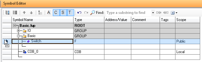 Completare primo collegamento DI 0 DO 0 Collegamento dei simboli al FBox Il simbolo interno può essere nominato direttamente nel «Connector» come «Basic.Switch».