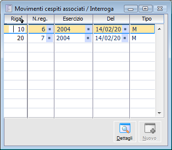 A D H O C R E V O L U T I O N C E S P I T I 7. 0 Movimenti cespiti associati Dettagli Questo bottone consente di risalire al movimento cespite selezionato (riga sulla quale si è posizionati).