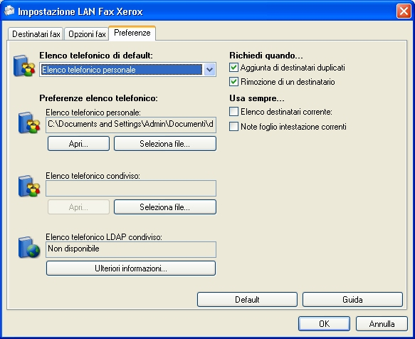Funzioni LAN Fax aggiuntive Opzioni fax Selezionare Fax come Tipo di lavoro e premere Imposta. Nella schermata Impostazione LAN Fax, selezionare la scheda Opzioni fax.