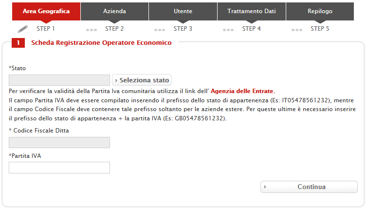 Registrazione [1] Area Geografica Nello Step 1, Area Geografica, vanno indicate le seguenti informazioni, nelle modalità di volta in volta specificate: 1.