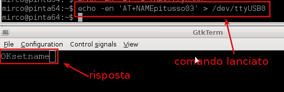 AT+PINxxxx OKsetpin Set the bluetooth pincode : 1234 by default Non inserire per questi moduli \r\n al termine del comando AT Per esempio, per cambiare nome del modulo in pitusso03 : l invio è