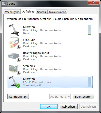 Pannello di controllo > Tutti gli elementi del Pannello di controllo > Audio > Registrazione > clic tasto destro del mouse su USB