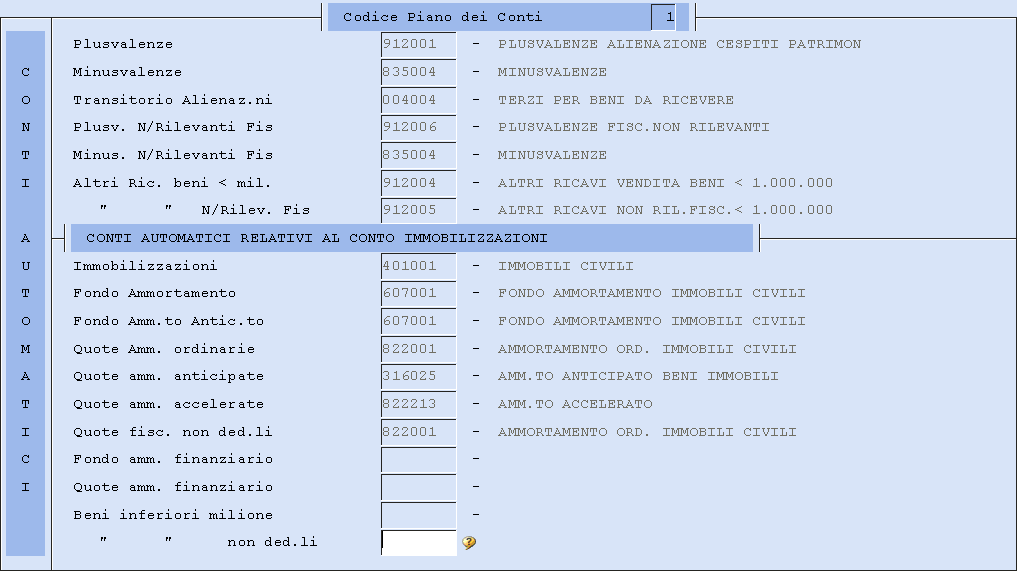 Raccordo categorie/immobilizzazioni Questa tabella consente di velocizzare le operazioni di caricamento dei cespiti in quanto propone automaticamente il conto immobilizzazioni previsto per la