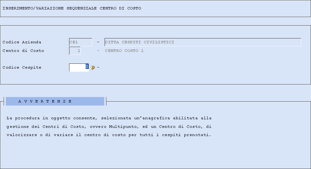 Nel caso si utilizzi la gestione ICAD è necessario non utilizzare la presente funzione in quanto non effettua la rinumerazione dei cespiti presenti nelle funzioni AM/AI del suddetto applicativo ICAD,