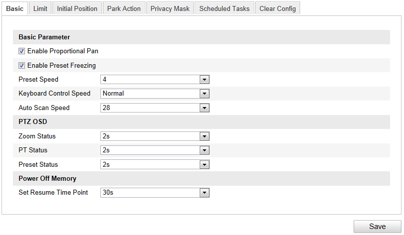 40 5.2 Configurazione parametri PTZ di base Obiettivo: Configurare i parametri PTZ di base quail le funzione movimentazione proporzionale, freeze preset, velocità di movimentazione sul preset speed,