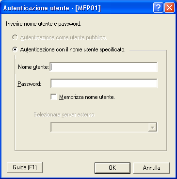 Connessione al prodotto multifunzione 4 4.1 Con Autenticazione Utente Durante la connessione a un prodotto multifunzione, potrebbe essere visualizzata la finestra di dialogo Autenticazione utente.