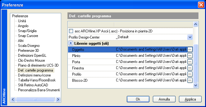 Cartella Disegni 123 14.4.4 Scelta cartelle degli oggetti di libreria Per scegliere le cartelle di destinazione dei file relativi agli oggetti di libreria: Avviare ARCHLine.XP.