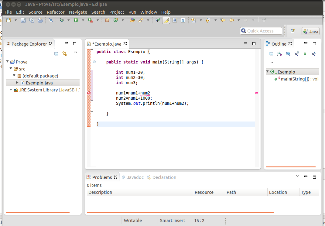 Scriviamo un programma di prova nel main: L editor di Eclipse ci segnala alcuni errori in tempo reale sottolineandoli in rosso (in figura manca un punto e virgola) Vengono