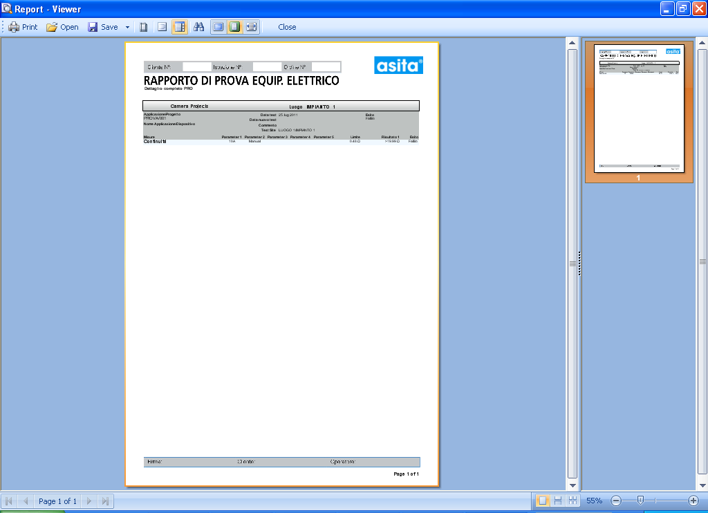 Sul monitor compare la schermata con il report di prova.