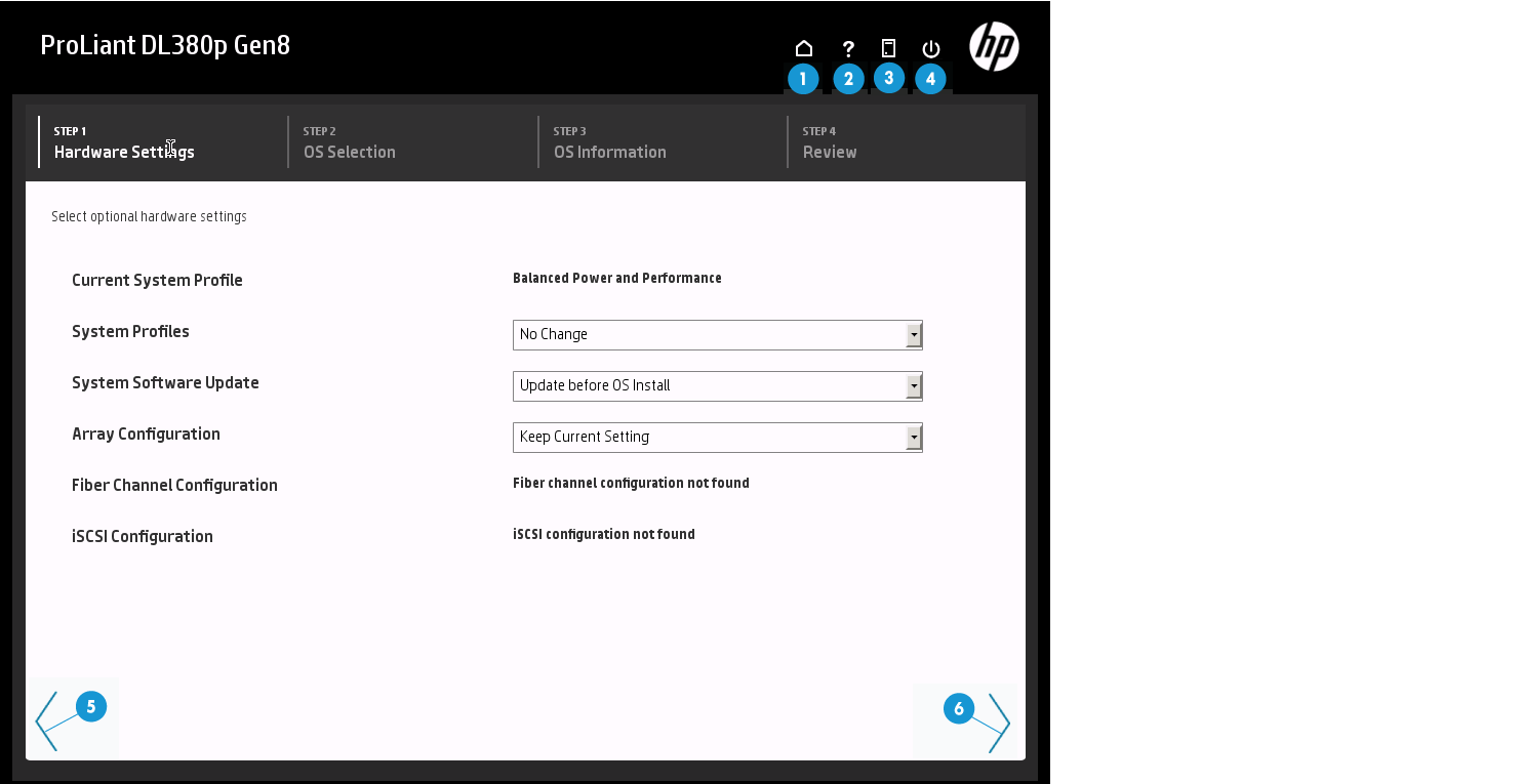 Navigazione di Intelligent Provisioning Per selezionare e modificare le impostazioni in questa interfaccia strutturata a menu, utilizzare le icone di navigazione visualizzate nell'angolo superiore