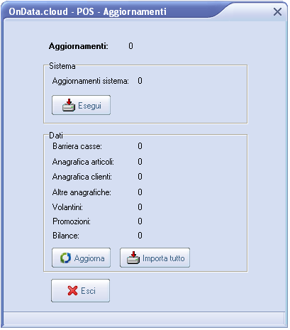 3 - AGGIORNAMENTI Tramite il menù Aggiornamenti possiamo gestire le variazioni relative ad articoli, promozioni, volantini e clienti, oltre agli eventuali aggiornamenti di release del modulo POS.