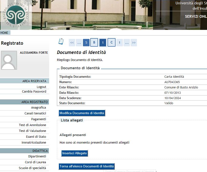 In questa schermata vi vengono visualizzati i dati del documento di identità già