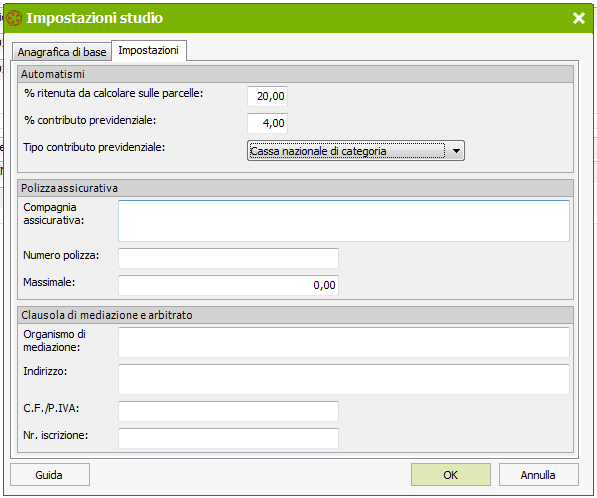 Nelle impostazioni è possibile specificare gli automatismi di calcolo (ritenuta e contributo previdenziale), gli estremi della polizza assicurativa e